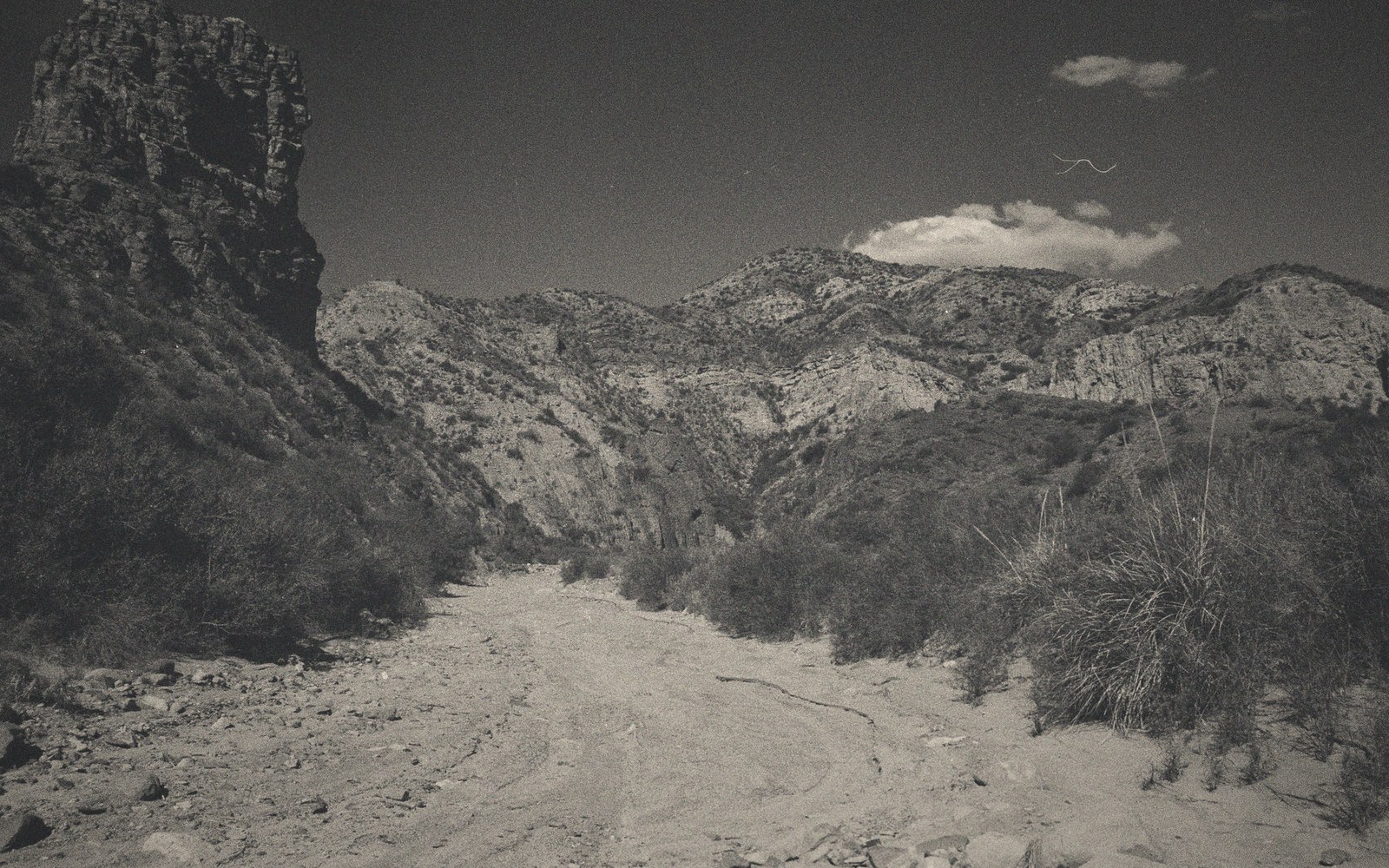 A dry riverbed winds through a rocky desert canyon beneath rugged mountains
